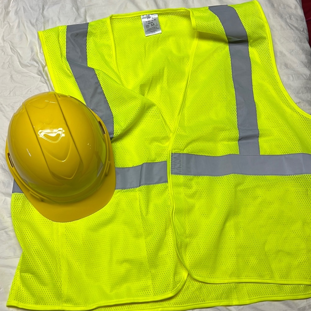 Caution vest and hard hat